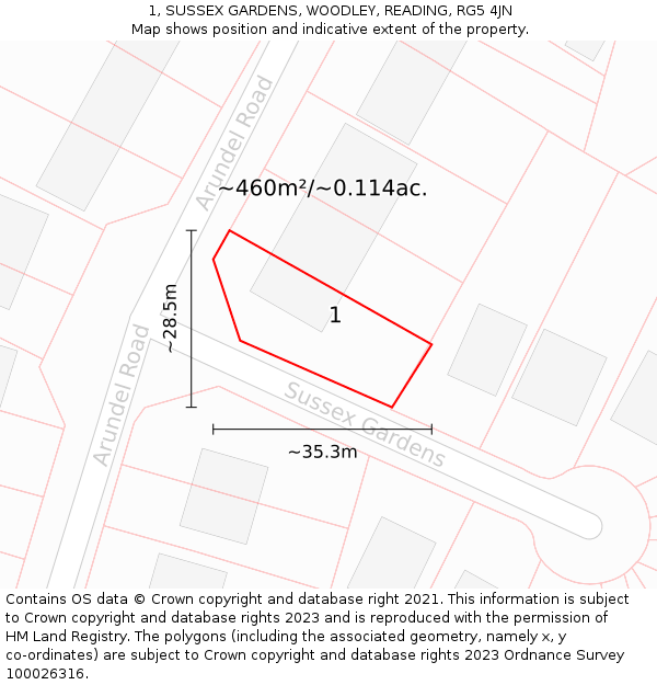 1, SUSSEX GARDENS, WOODLEY, READING, RG5 4JN: Plot and title map