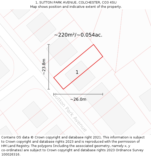 1, SUTTON PARK AVENUE, COLCHESTER, CO3 4SU: Plot and title map