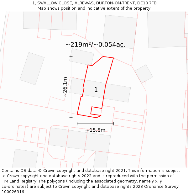 1, SWALLOW CLOSE, ALREWAS, BURTON-ON-TRENT, DE13 7FB: Plot and title map