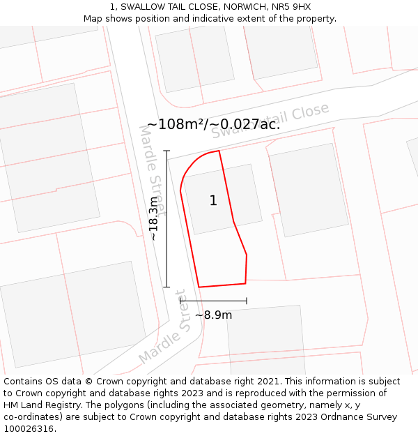 1, SWALLOW TAIL CLOSE, NORWICH, NR5 9HX: Plot and title map