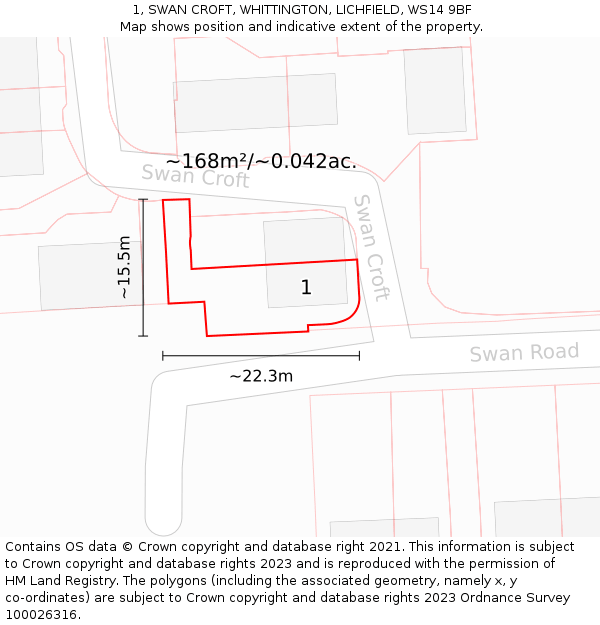 1, SWAN CROFT, WHITTINGTON, LICHFIELD, WS14 9BF: Plot and title map