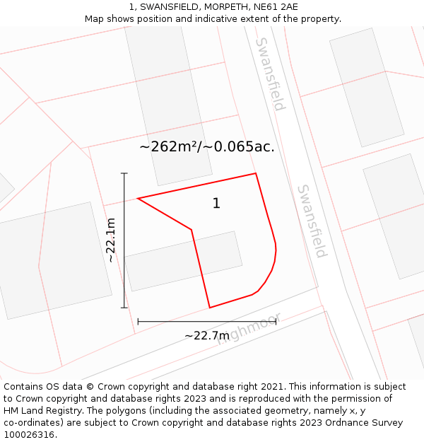 1, SWANSFIELD, MORPETH, NE61 2AE: Plot and title map