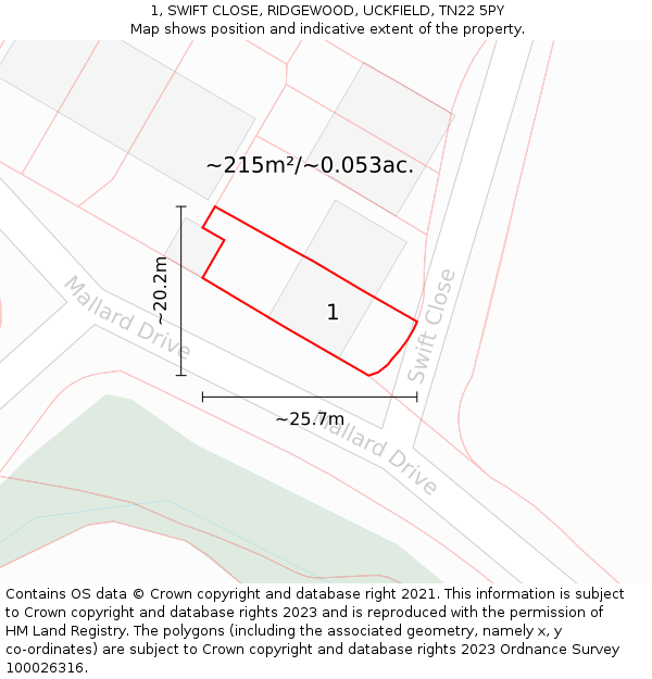 1, SWIFT CLOSE, RIDGEWOOD, UCKFIELD, TN22 5PY: Plot and title map