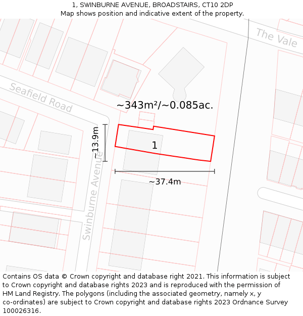 1, SWINBURNE AVENUE, BROADSTAIRS, CT10 2DP: Plot and title map