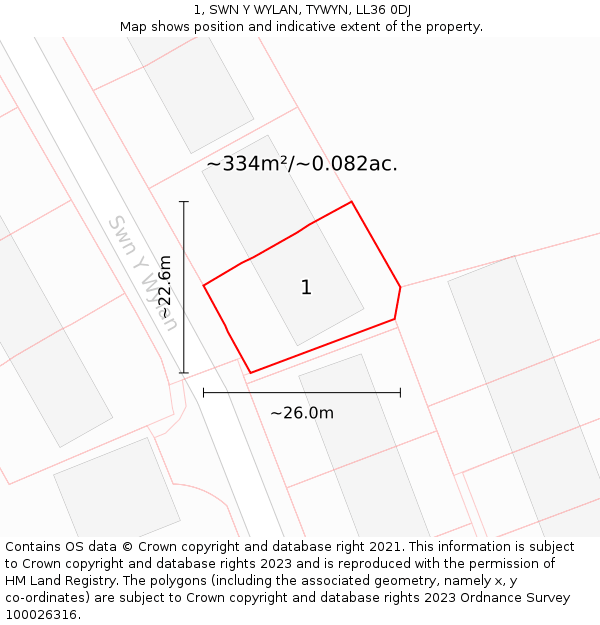 1, SWN Y WYLAN, TYWYN, LL36 0DJ: Plot and title map