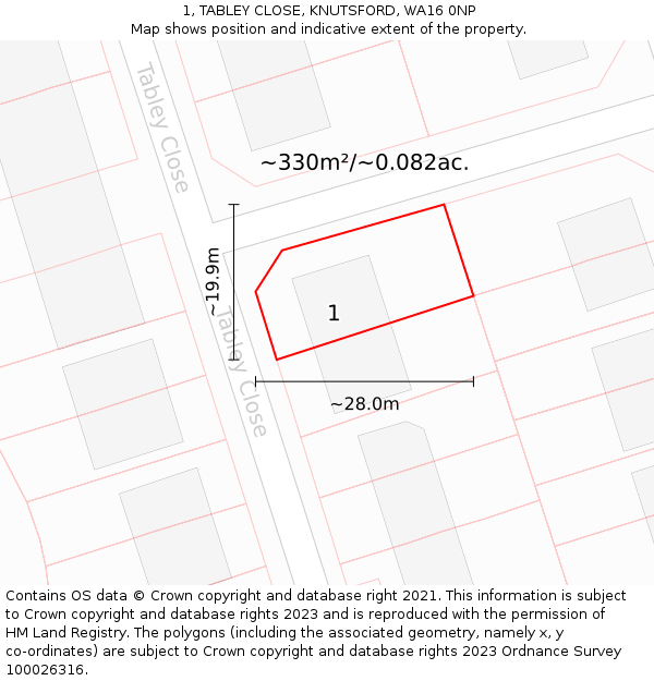 1, TABLEY CLOSE, KNUTSFORD, WA16 0NP: Plot and title map