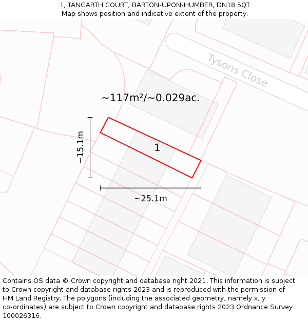 1, TANGARTH COURT, BARTON-UPON-HUMBER, DN18 5QT: Plot and title map