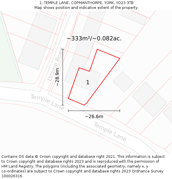 1, TEMPLE LANE, COPMANTHORPE, YORK, YO23 3TB: Plot and title map