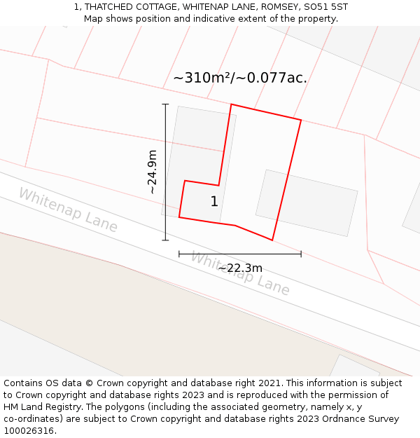 1, THATCHED COTTAGE, WHITENAP LANE, ROMSEY, SO51 5ST: Plot and title map