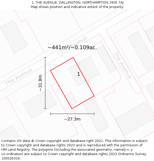 1, THE AVENUE, DALLINGTON, NORTHAMPTON, NN5 7AJ: Plot and title map