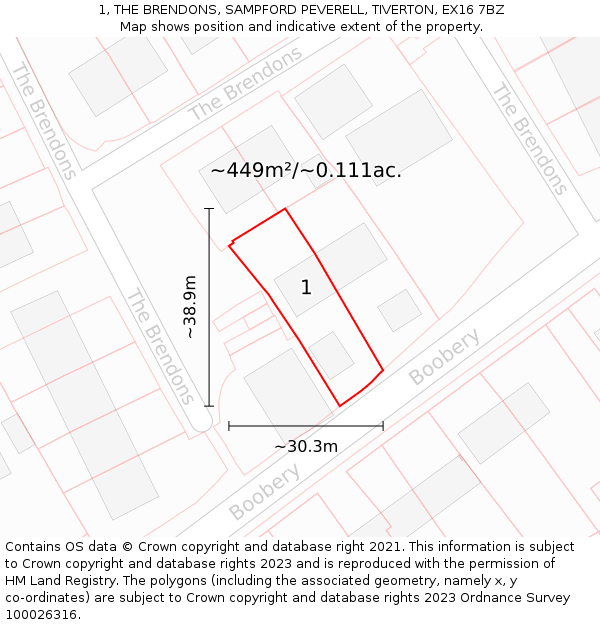 1, THE BRENDONS, SAMPFORD PEVERELL, TIVERTON, EX16 7BZ: Plot and title map