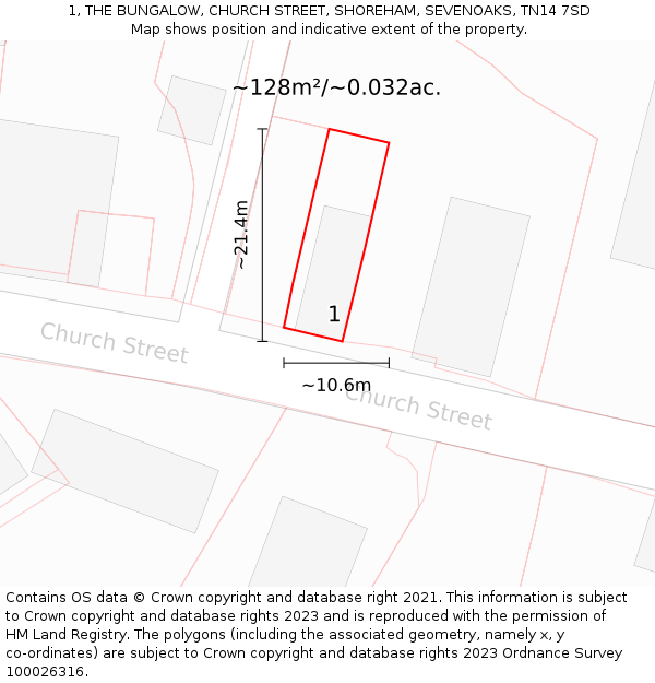 1, THE BUNGALOW, CHURCH STREET, SHOREHAM, SEVENOAKS, TN14 7SD: Plot and title map