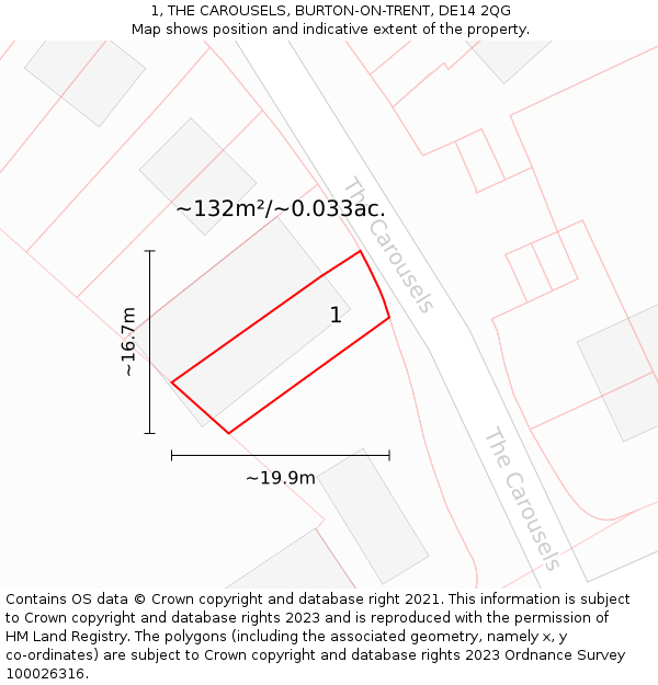 1, THE CAROUSELS, BURTON-ON-TRENT, DE14 2QG: Plot and title map