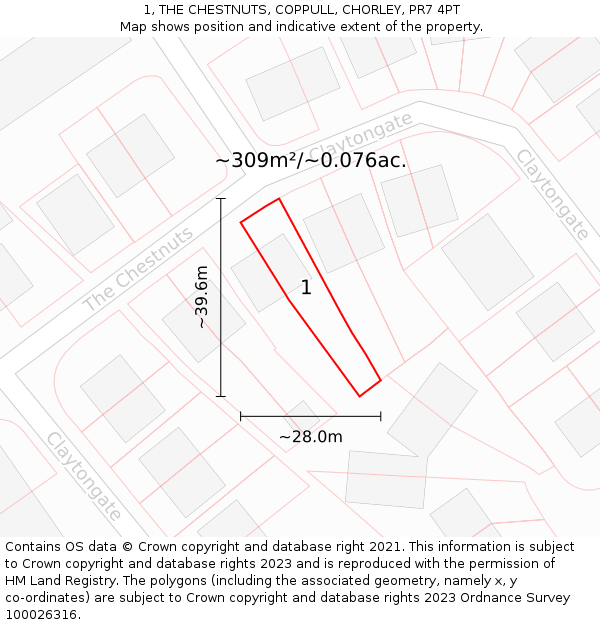 1, THE CHESTNUTS, COPPULL, CHORLEY, PR7 4PT: Plot and title map