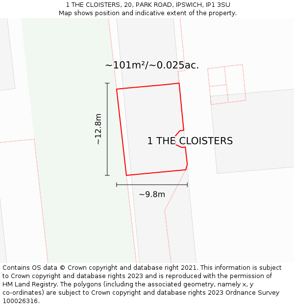 1 THE CLOISTERS, 20, PARK ROAD, IPSWICH, IP1 3SU: Plot and title map