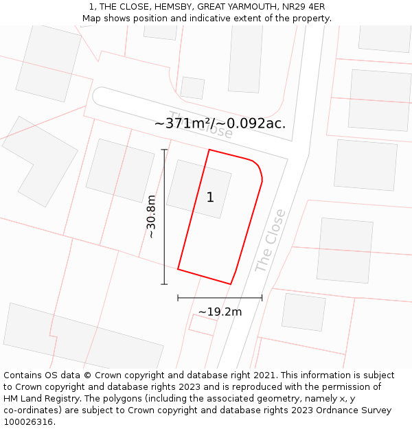 1, THE CLOSE, HEMSBY, GREAT YARMOUTH, NR29 4ER: Plot and title map