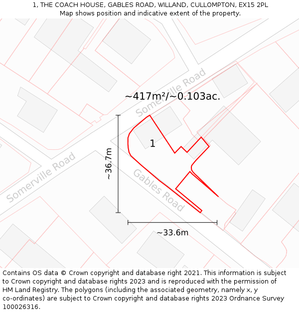 1, THE COACH HOUSE, GABLES ROAD, WILLAND, CULLOMPTON, EX15 2PL: Plot and title map