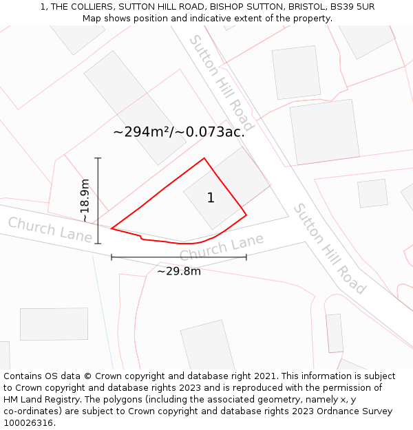 1, THE COLLIERS, SUTTON HILL ROAD, BISHOP SUTTON, BRISTOL, BS39 5UR: Plot and title map