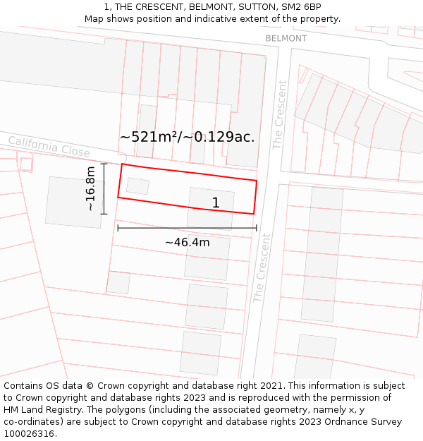 1, THE CRESCENT, BELMONT, SUTTON, SM2 6BP: Plot and title map