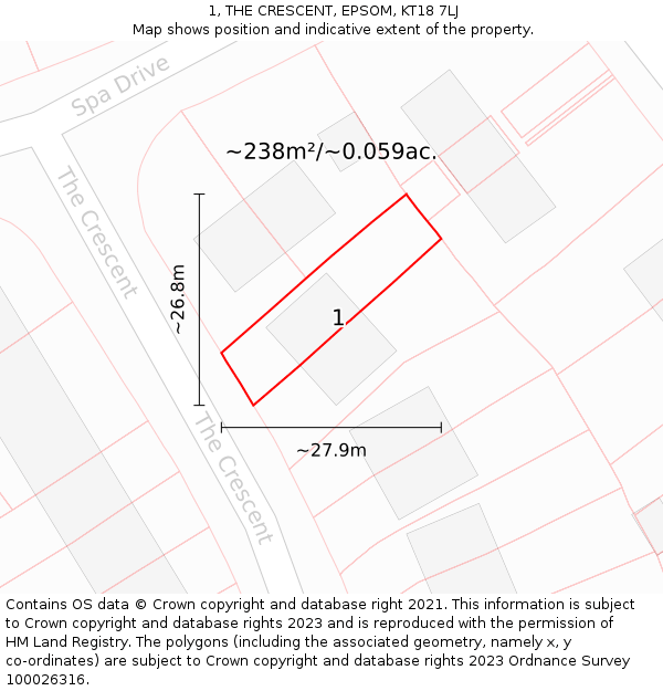 1, THE CRESCENT, EPSOM, KT18 7LJ: Plot and title map