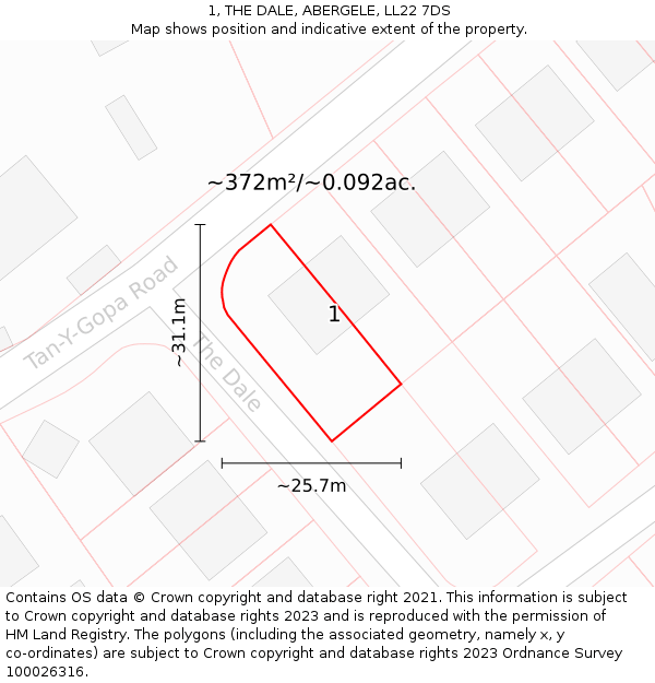 1, THE DALE, ABERGELE, LL22 7DS: Plot and title map