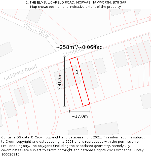 1, THE ELMS, LICHFIELD ROAD, HOPWAS, TAMWORTH, B78 3AF: Plot and title map