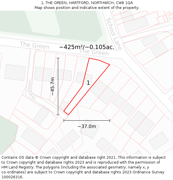 1, THE GREEN, HARTFORD, NORTHWICH, CW8 1QA: Plot and title map