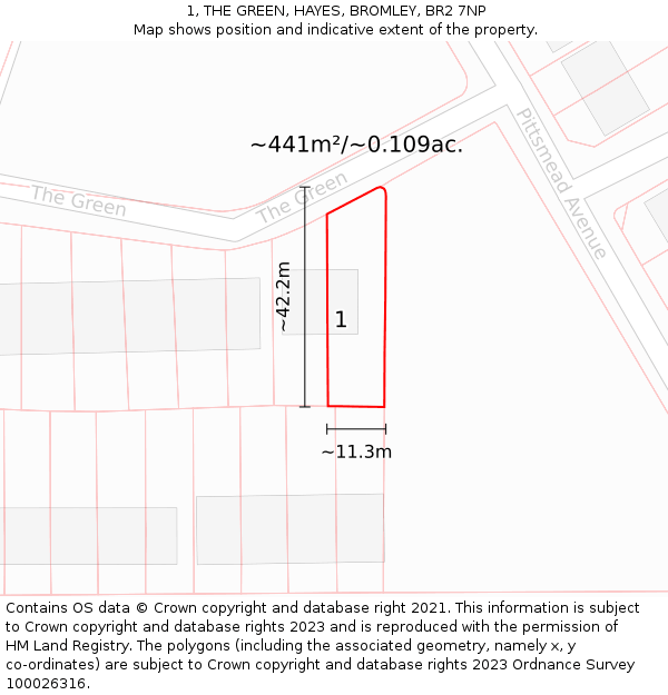 1, THE GREEN, HAYES, BROMLEY, BR2 7NP: Plot and title map