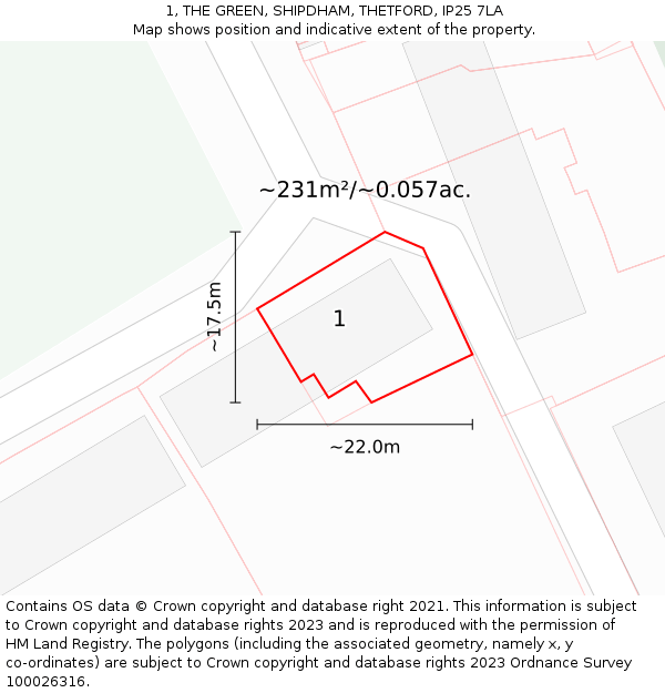 1, THE GREEN, SHIPDHAM, THETFORD, IP25 7LA: Plot and title map