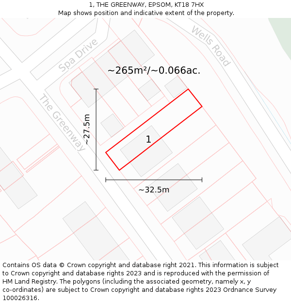 1, THE GREENWAY, EPSOM, KT18 7HX: Plot and title map