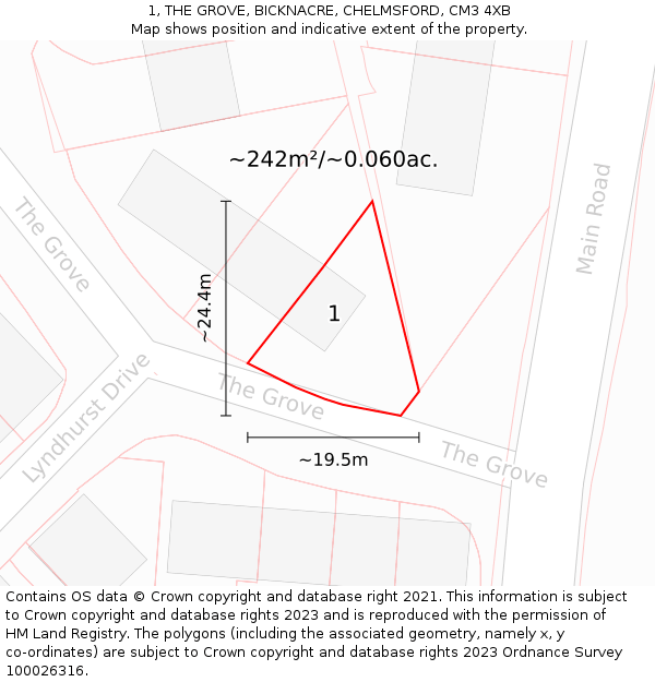 1, THE GROVE, BICKNACRE, CHELMSFORD, CM3 4XB: Plot and title map