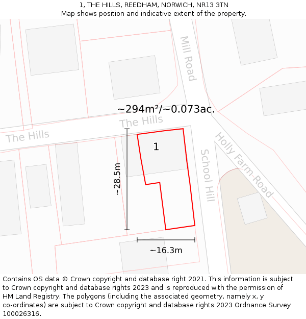 1, THE HILLS, REEDHAM, NORWICH, NR13 3TN: Plot and title map
