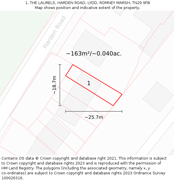 1, THE LAURELS, HARDEN ROAD, LYDD, ROMNEY MARSH, TN29 9FB: Plot and title map