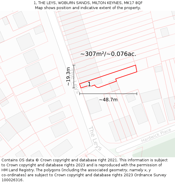 1, THE LEYS, WOBURN SANDS, MILTON KEYNES, MK17 8QF: Plot and title map