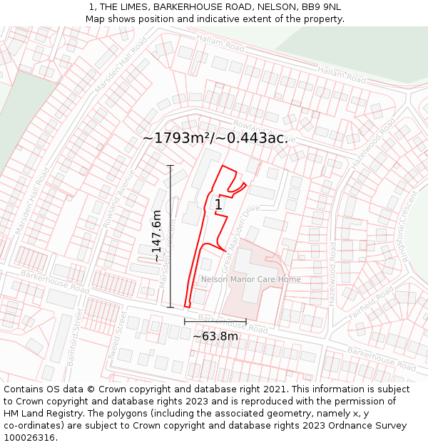 1, THE LIMES, BARKERHOUSE ROAD, NELSON, BB9 9NL: Plot and title map