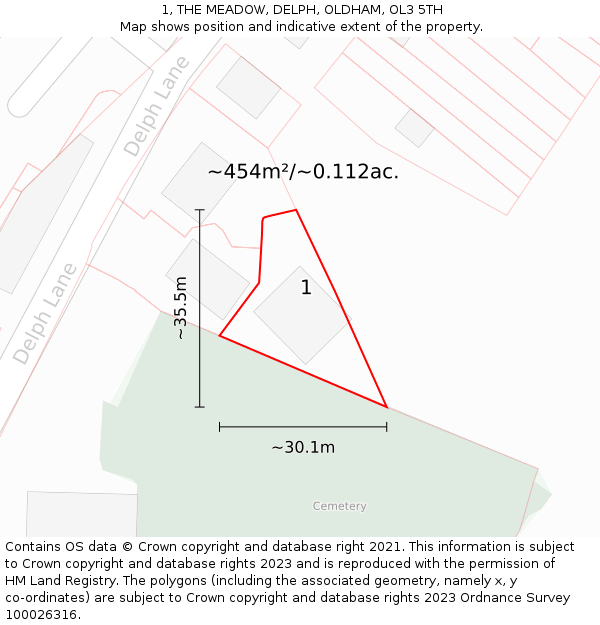 1, THE MEADOW, DELPH, OLDHAM, OL3 5TH: Plot and title map