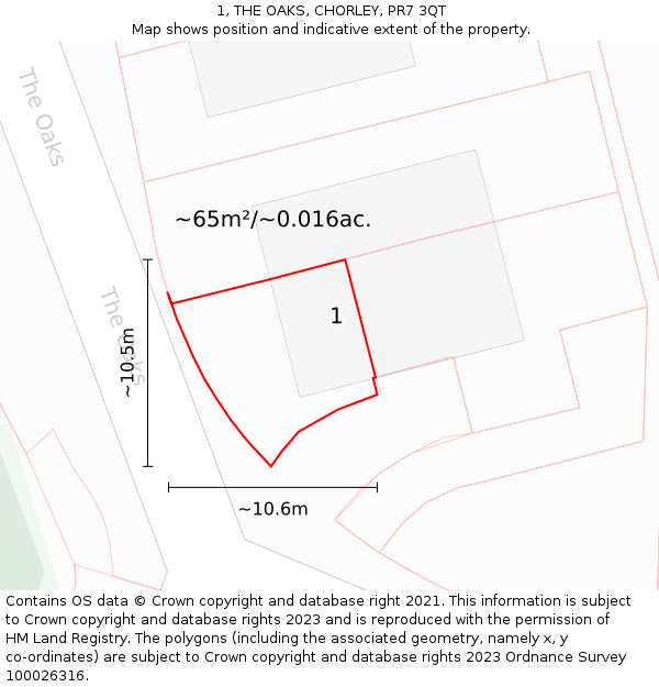 1, THE OAKS, CHORLEY, PR7 3QT: Plot and title map