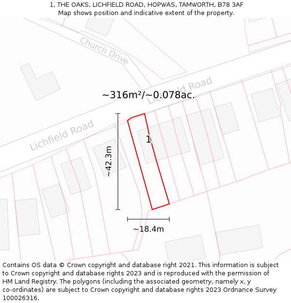 1, THE OAKS, LICHFIELD ROAD, HOPWAS, TAMWORTH, B78 3AF: Plot and title map