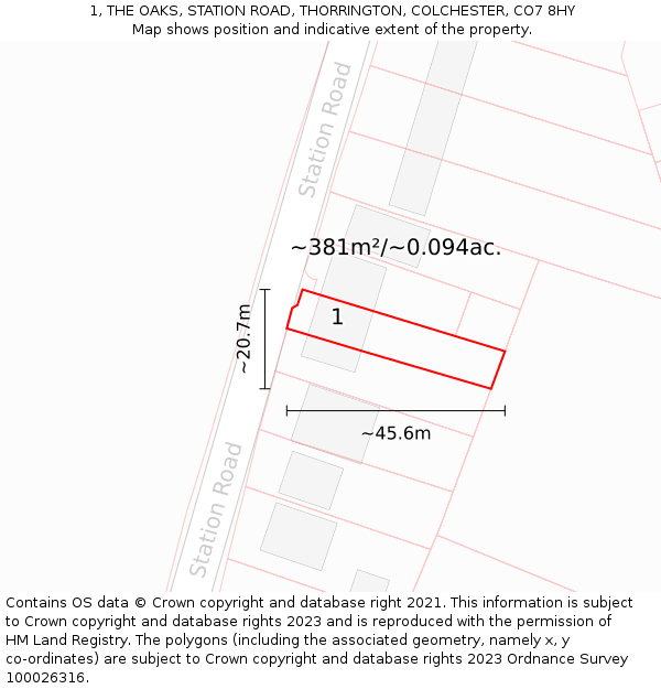 1, THE OAKS, STATION ROAD, THORRINGTON, COLCHESTER, CO7 8HY: Plot and title map