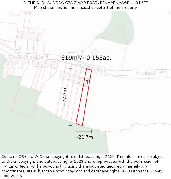 1, THE OLD LAUNDRY, GRAIGLWYD ROAD, PENMAENMAWR, LL34 6EP: Plot and title map