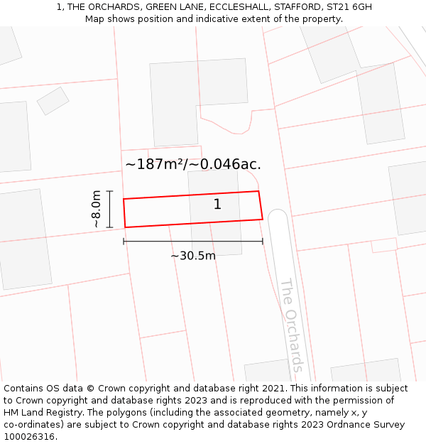 1, THE ORCHARDS, GREEN LANE, ECCLESHALL, STAFFORD, ST21 6GH: Plot and title map