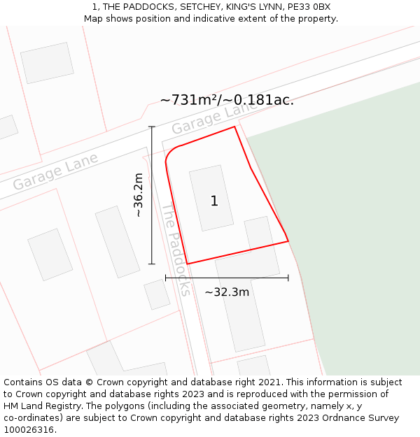 1, THE PADDOCKS, SETCHEY, KING'S LYNN, PE33 0BX: Plot and title map