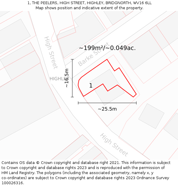 1, THE PEELERS, HIGH STREET, HIGHLEY, BRIDGNORTH, WV16 6LL: Plot and title map