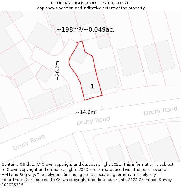 1, THE RAYLEIGHS, COLCHESTER, CO2 7BE: Plot and title map