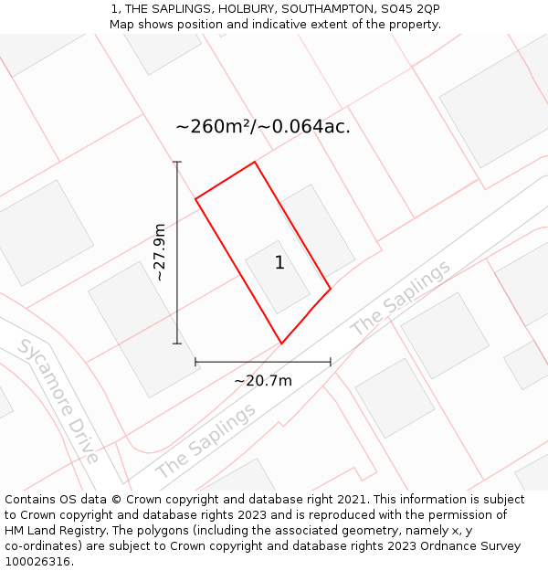 1, THE SAPLINGS, HOLBURY, SOUTHAMPTON, SO45 2QP: Plot and title map