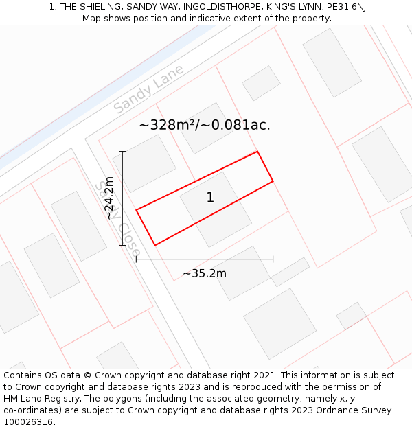 1, THE SHIELING, SANDY WAY, INGOLDISTHORPE, KING'S LYNN, PE31 6NJ: Plot and title map