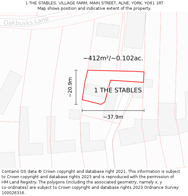 1 THE STABLES, VILLAGE FARM, MAIN STREET, ALNE, YORK, YO61 1RT: Plot and title map