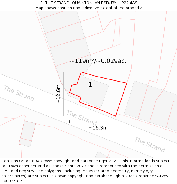 1, THE STRAND, QUAINTON, AYLESBURY, HP22 4AS: Plot and title map
