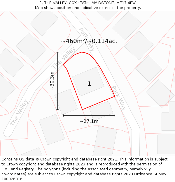 1, THE VALLEY, COXHEATH, MAIDSTONE, ME17 4EW: Plot and title map