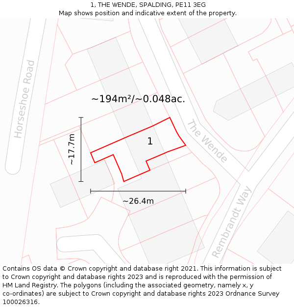 1, THE WENDE, SPALDING, PE11 3EG: Plot and title map